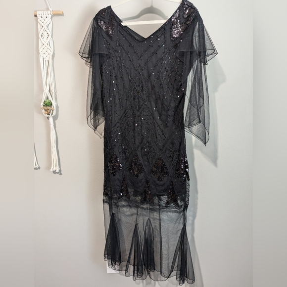 Vintage Dresses & Skirts - Vintage Embellished Beaded Mesh Tulle Sequin Flapper Gatsby Gown Dress L